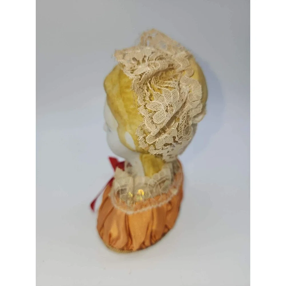 Vintage Porcelain Half Doll Pin Cushion Lace Headdress Orange Satin Base Antique - Picture 11 of 11